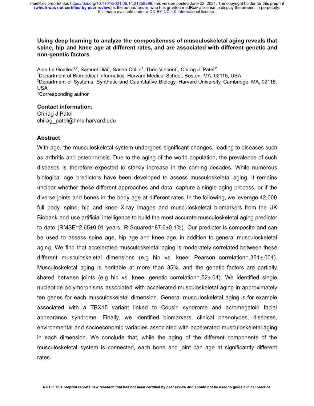 Musculoskeletal Aging Reveals That Spine, Hip and Knee Age at Different Rates, and Are Associated with Different Genetic and Non-Genetic Factors