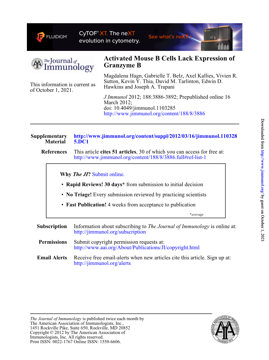 Granzyme B Activated Mouse B Cells Lack Expression Of