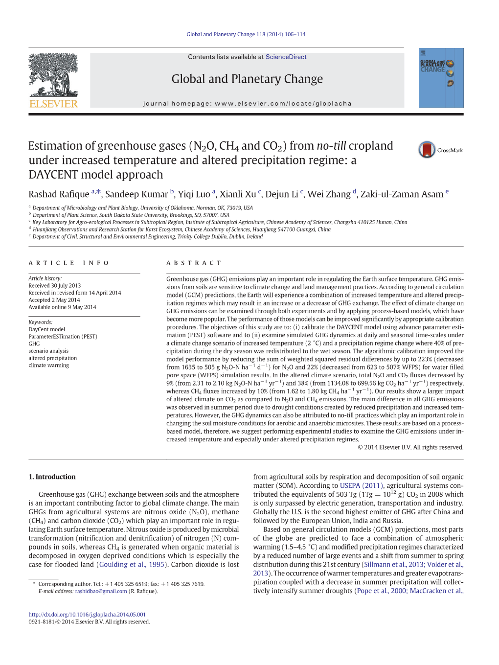 Estimation of Greenhouse Gases (N2O, CH4 and CO2) from No-Till Cropland Under Increased Temperature and Altered Precipitation Regime: a DAYCENT Model Approach