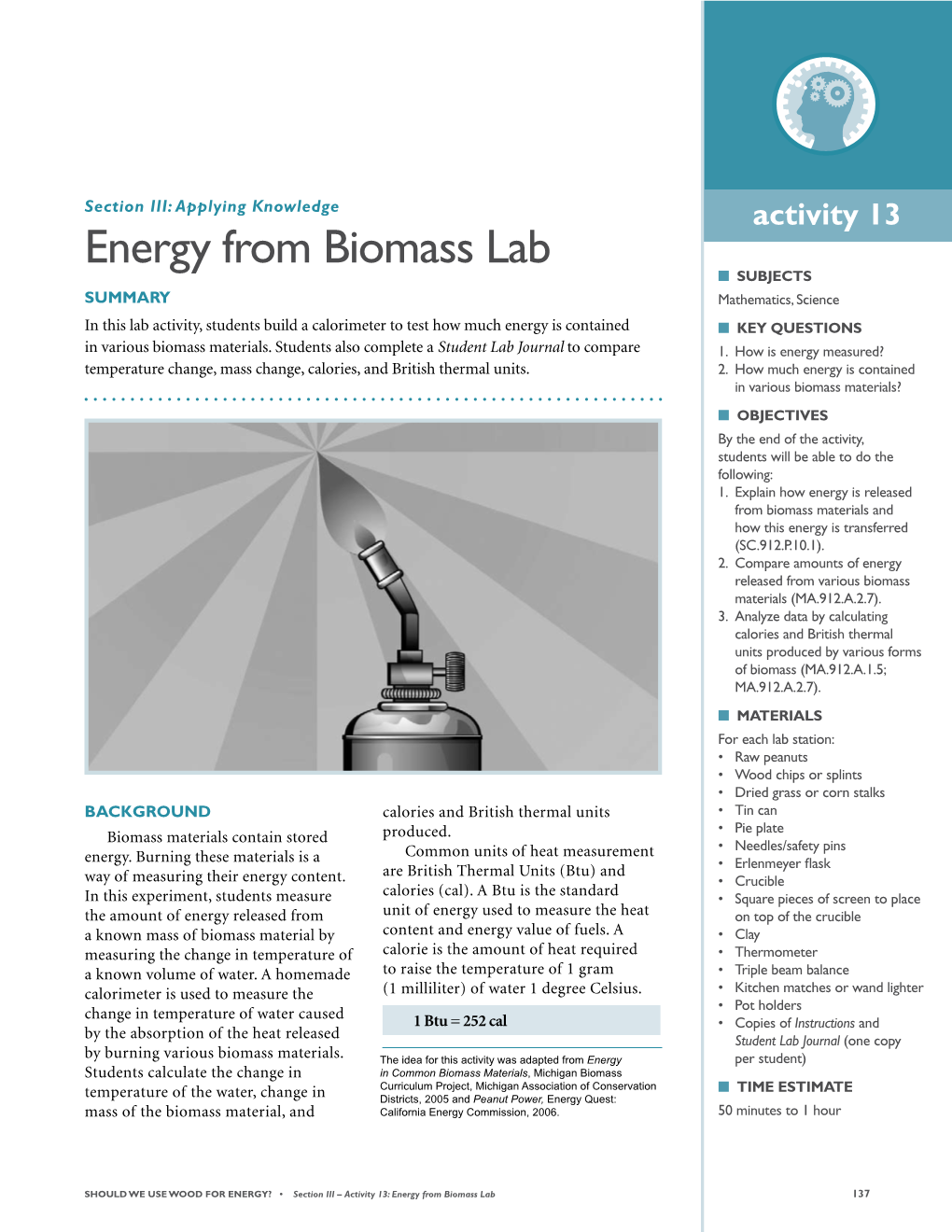 Activity 13: Energy from Biomass Lab 137 Teacher Teacher Instructions