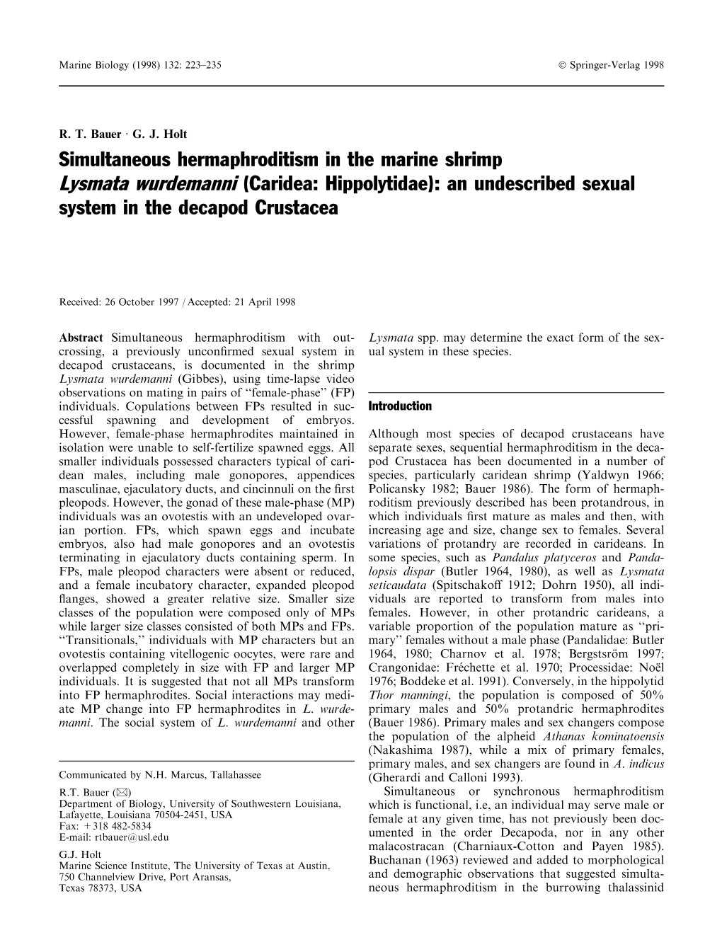 Simultaneous Hermaphroditism in the Marine Shrimp Lysmata Wurdemanni (Caridea: Hippolytidae): an Undescribed Sexual System in the Decapod Crustacea