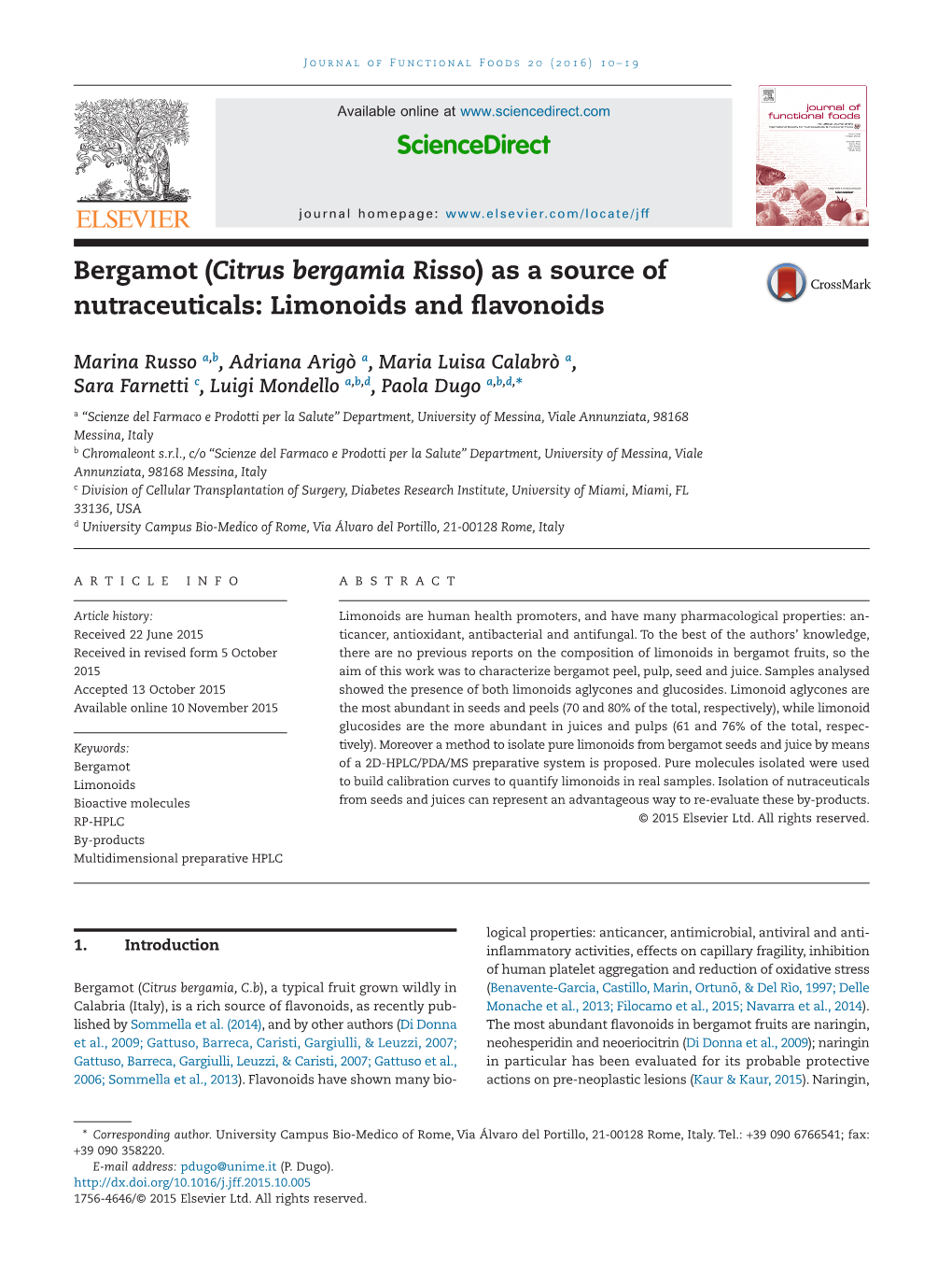 ( Citrus Bergamia Risso ) As a Source of Nutraceuticals: Limonoids And