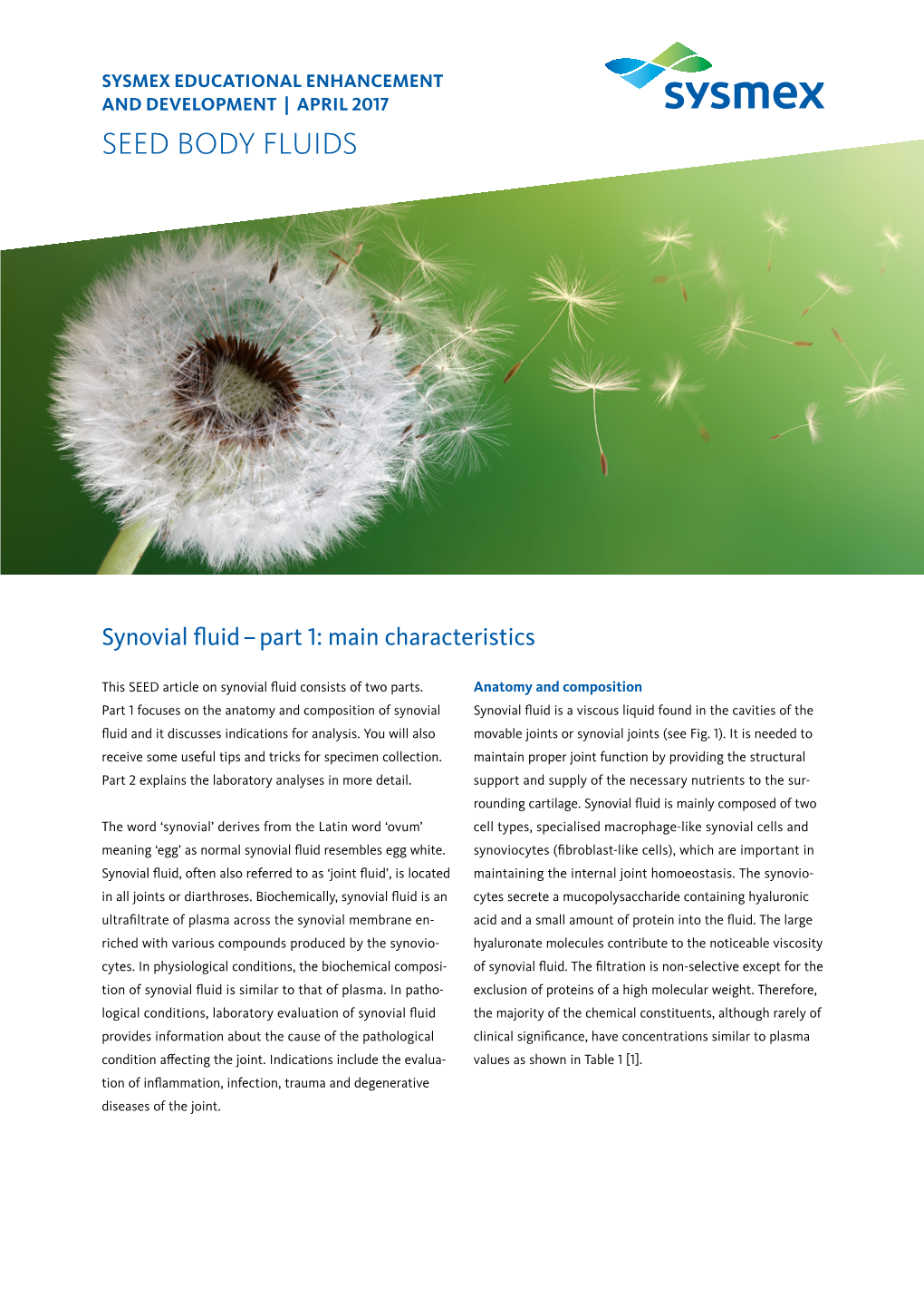 Sysmex SEED Synovial Fluid – Part 1: Main Characteristics