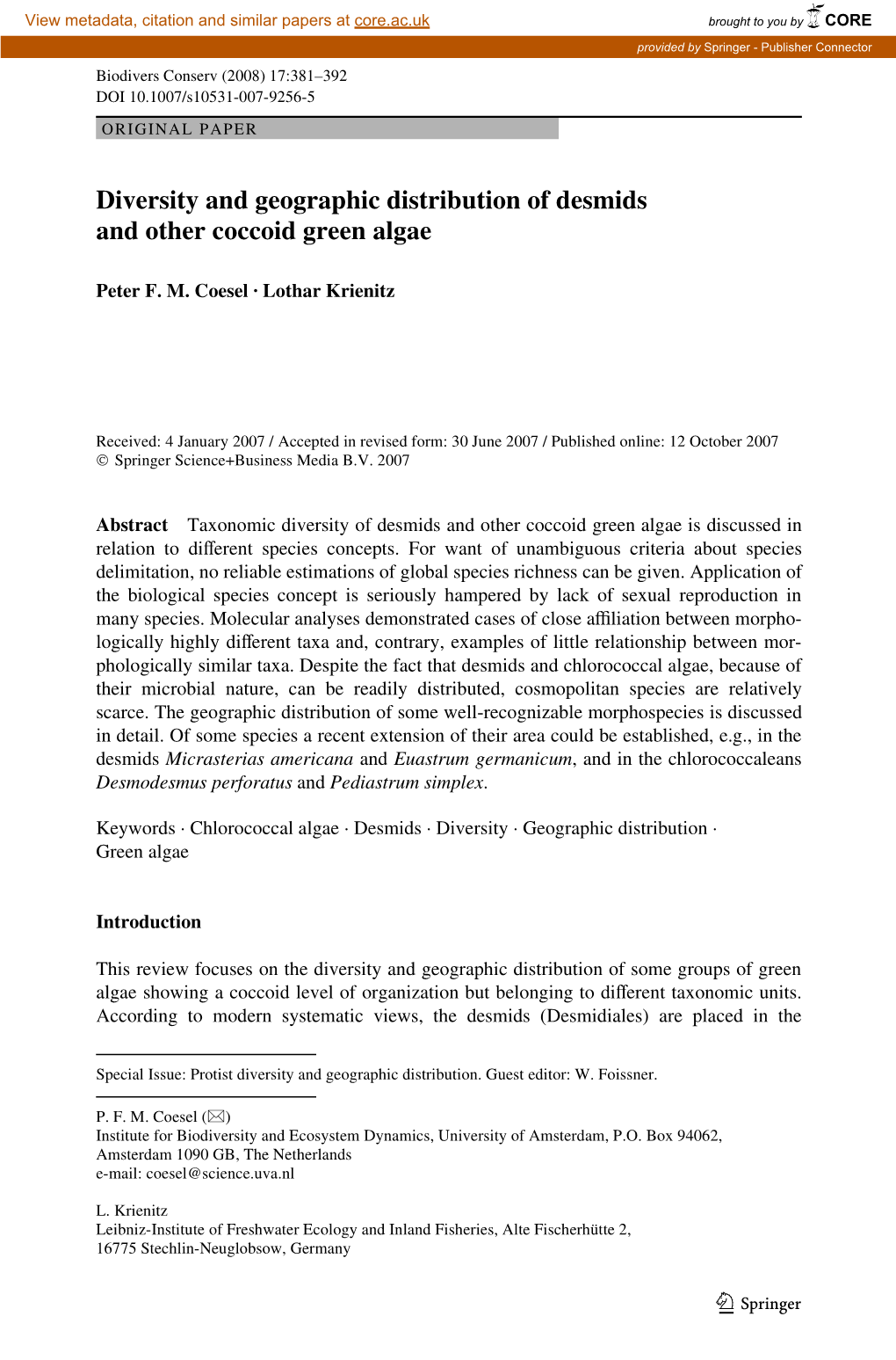 Diversity and Geographic Distribution of Desmids and Other Coccoid Green Algae