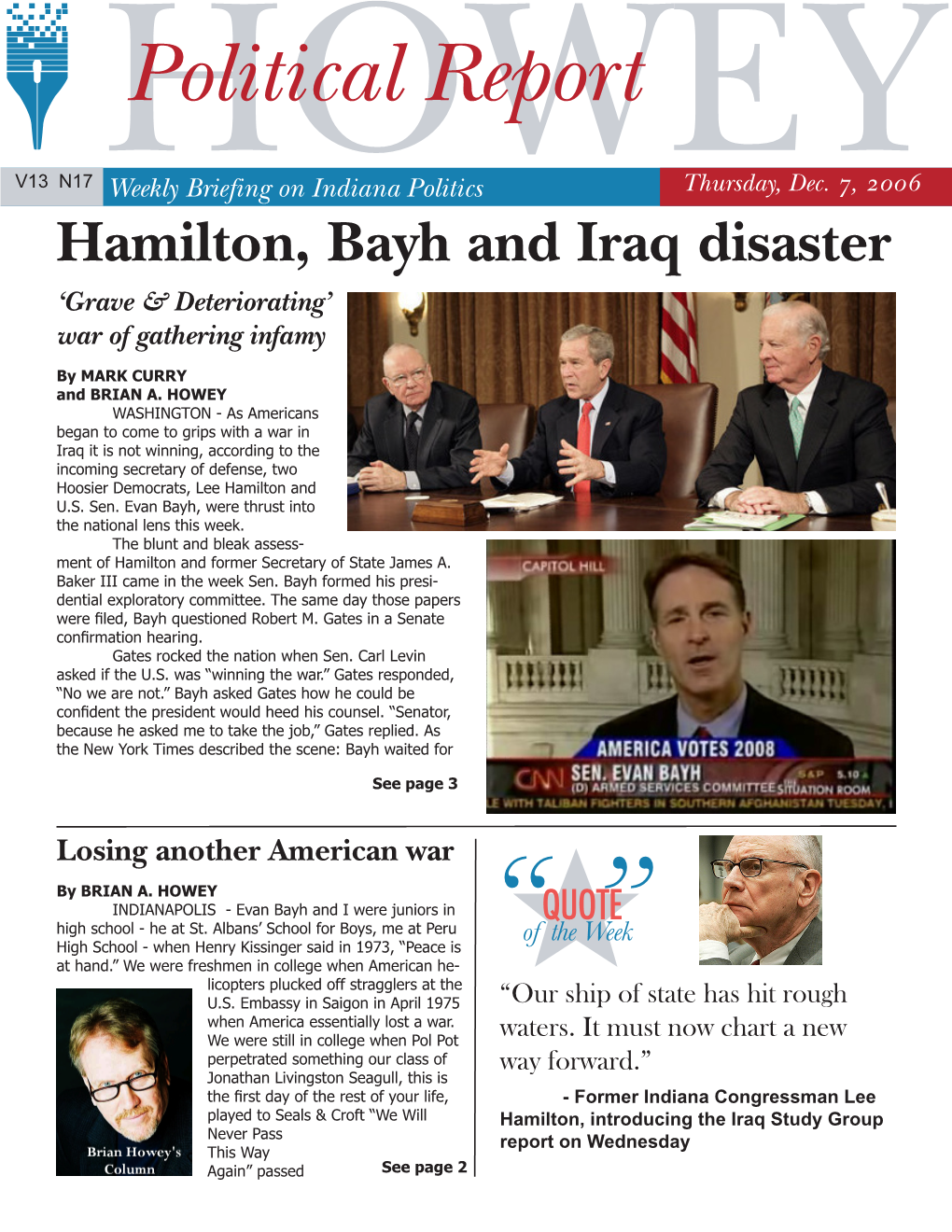 Hamilton, Bayh and Iraq Disaster ‘Grave & Deteriorating’ War of Gathering Infamy