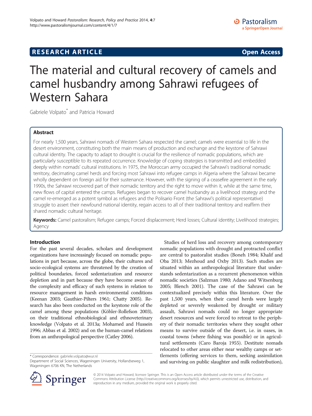 The Material and Cultural Recovery of Camels and Camel Husbandry Among Sahrawi Refugees of Western Sahara Gabriele Volpato* and Patricia Howard