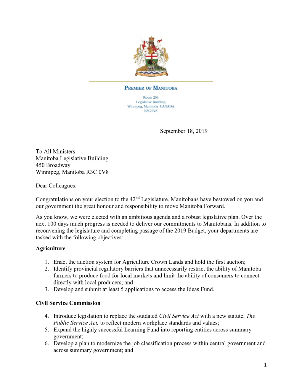 September 18, 2019 to All Ministers Manitoba Legislative Building 450