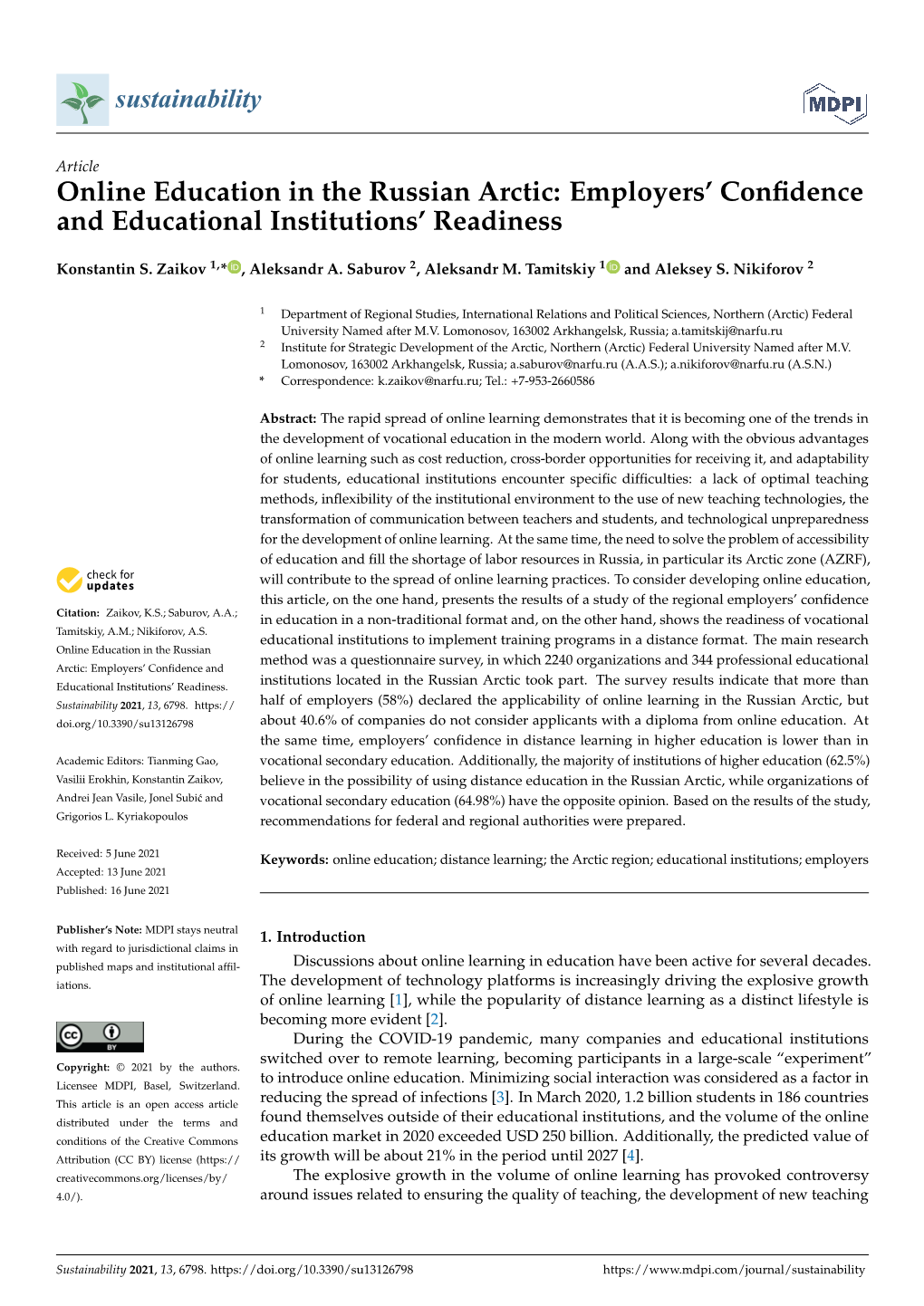 Online Education in the Russian Arctic: Employers’ Conﬁdence and Educational Institutions’ Readiness