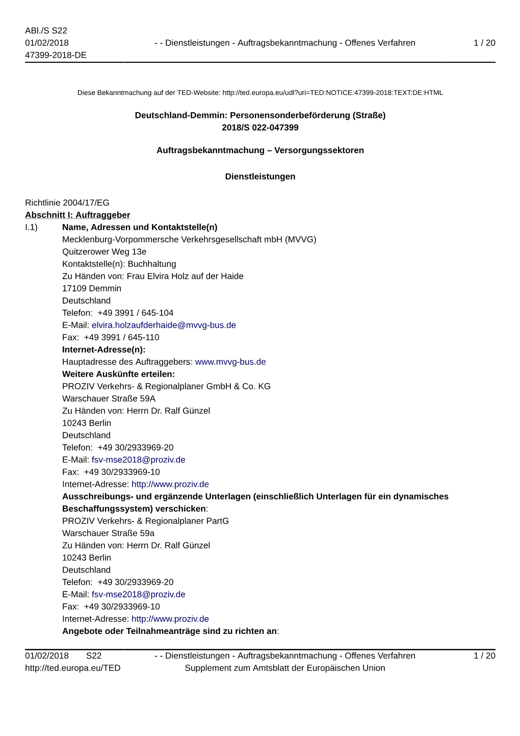 Deutschland-Demmin: Personensonderbeförderung (Straße) 2018/S 022-047399