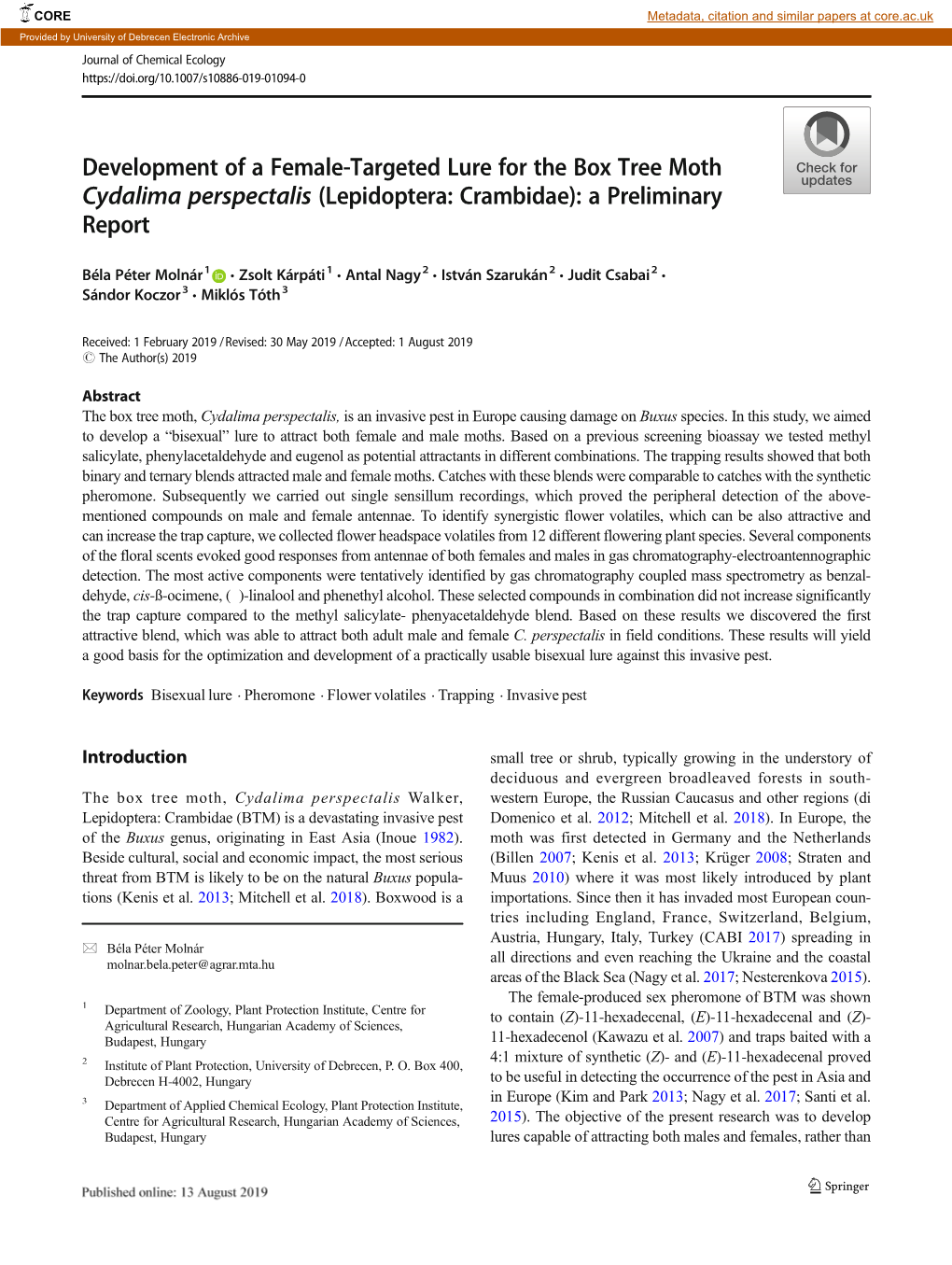 Development of a Female-Targeted Lure for the Box Tree Moth Cydalima Perspectalis (Lepidoptera: Crambidae): a Preliminary Report