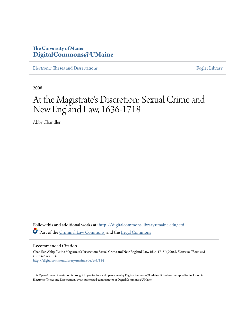 Sexual Crime and New England Law, 1636-1718 Abby Chandler