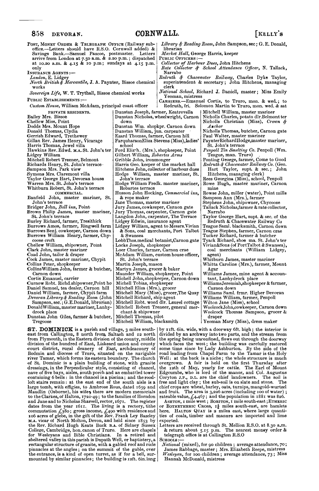 CORNWALL. [KELLY's POST, MONEY ORDER & TELEGRAPH OFFICE (Rail Way Sub· Library 4 Reading Roorn, John Sampson, Sec ; G