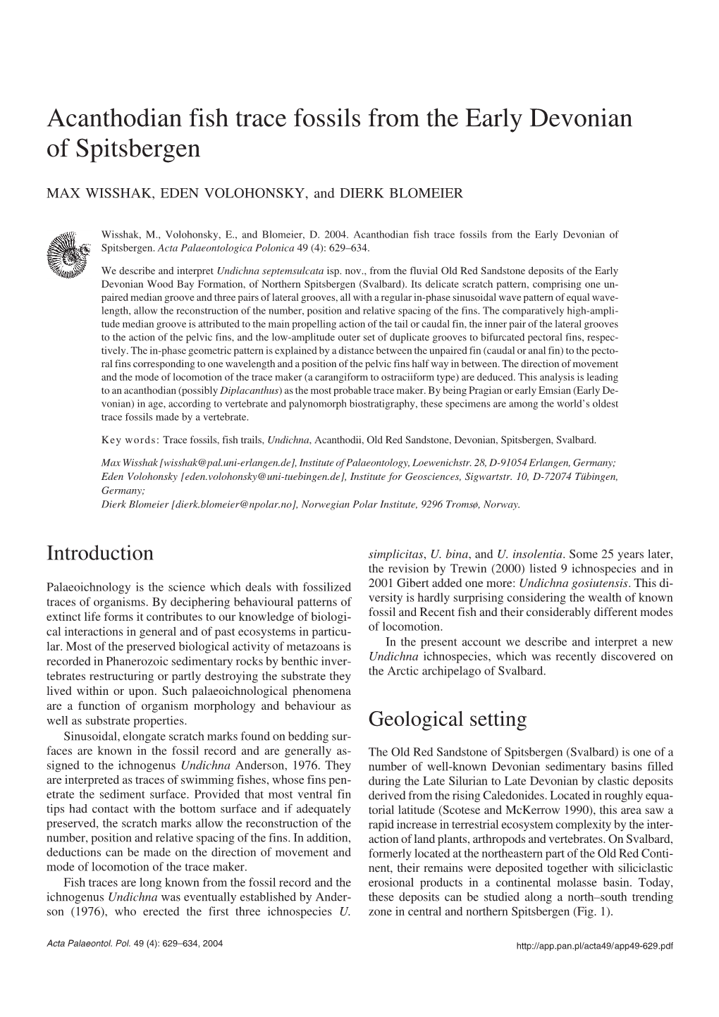 Acanthodian Fish Trace Fossils from the Early Devonian of Spitsbergen