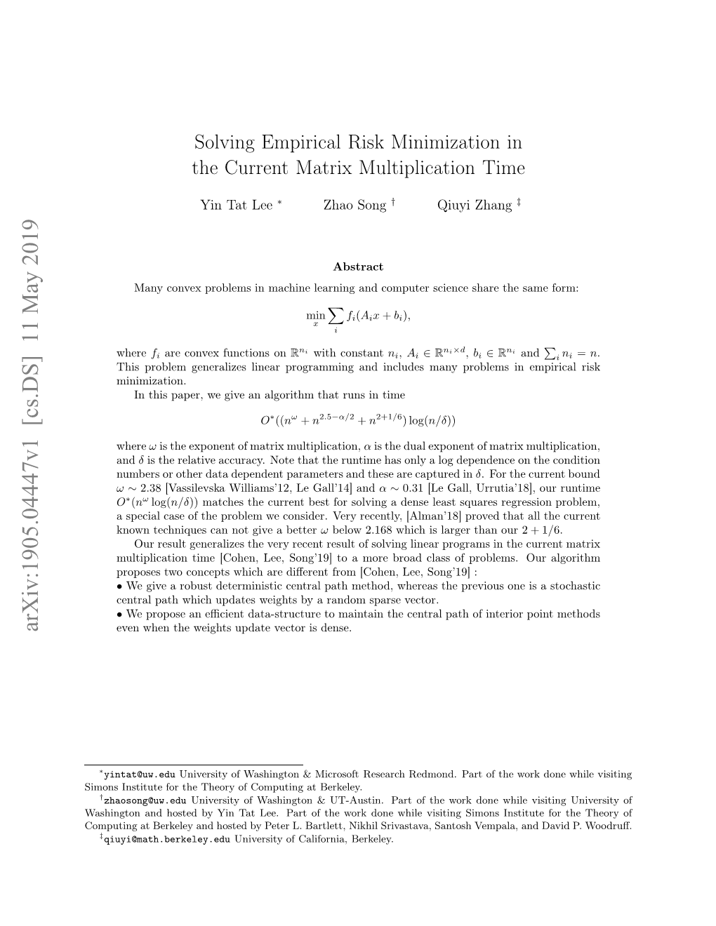 Solving Empirical Risk Minimization in the Current Matrix Multiplication Time