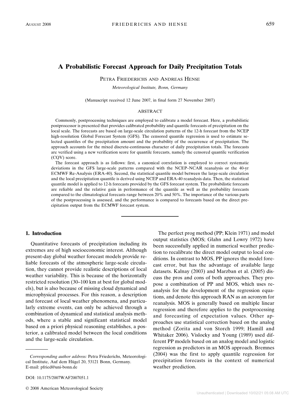 A Probabilistic Forecast Approach for Daily Precipitation Totals