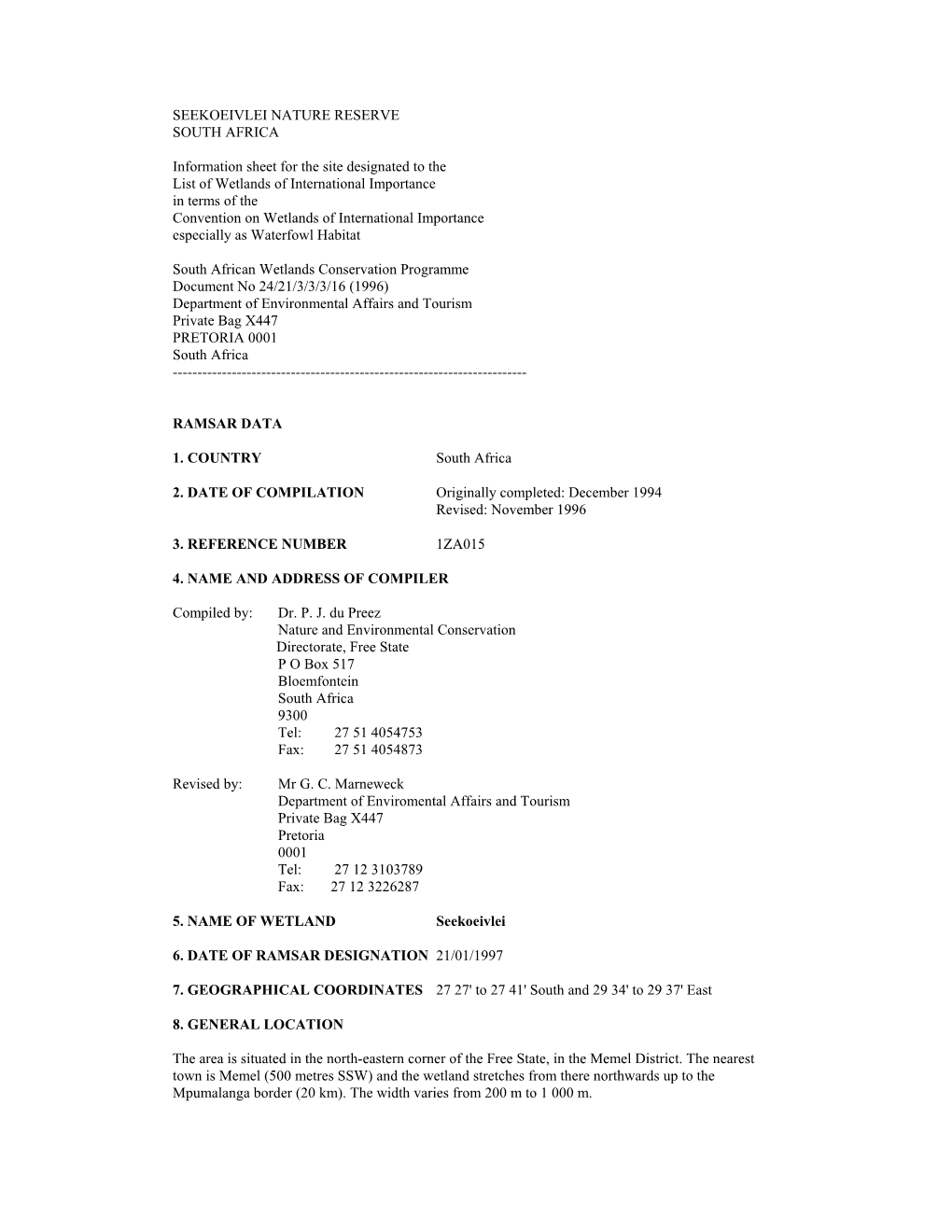 SEEKOEIVLEI NATURE RESERVE SOUTH AFRICA Information Sheet