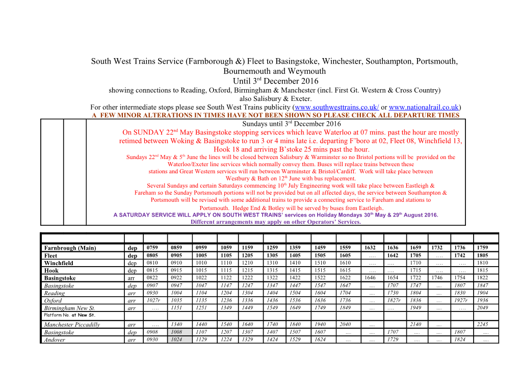 South West Trains Service Fleet to Basingstoke, Winchester, Southampton, Portsmouth, Bournemouth