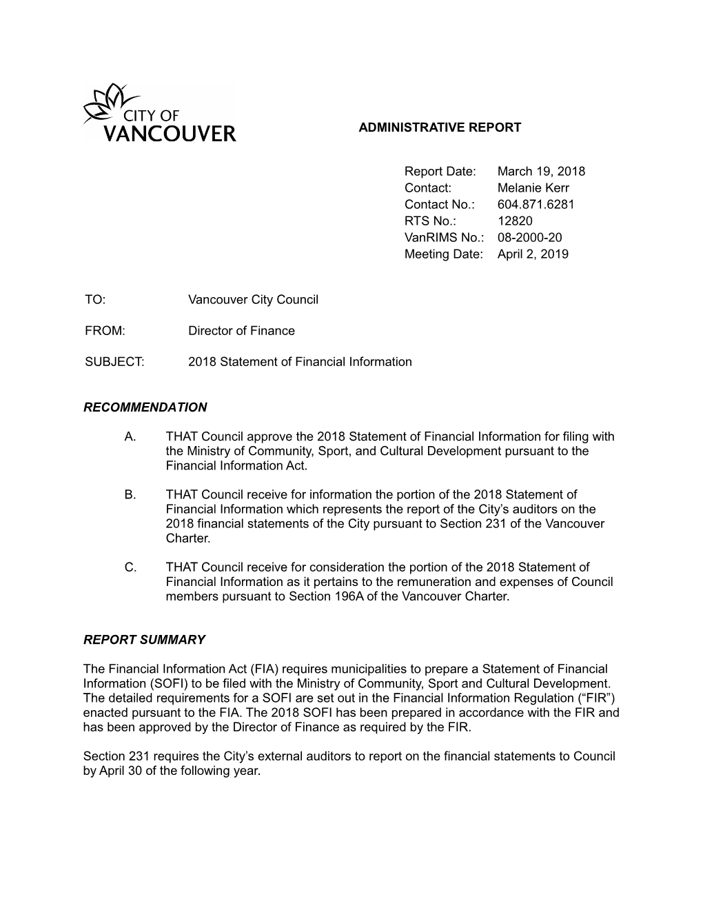 Financial Statements of the City Pursuant to Section 231 of the Vancouver Charter