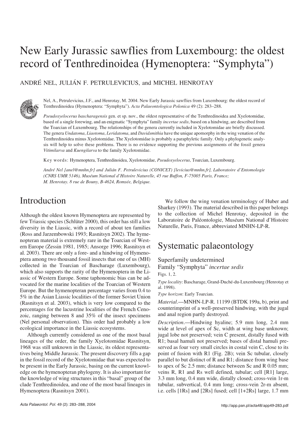 New Early Jurassic Sawflies from Luxembourg: the Oldest Record of Tenthredinoidea (Hymenoptera: “Symphyta”)