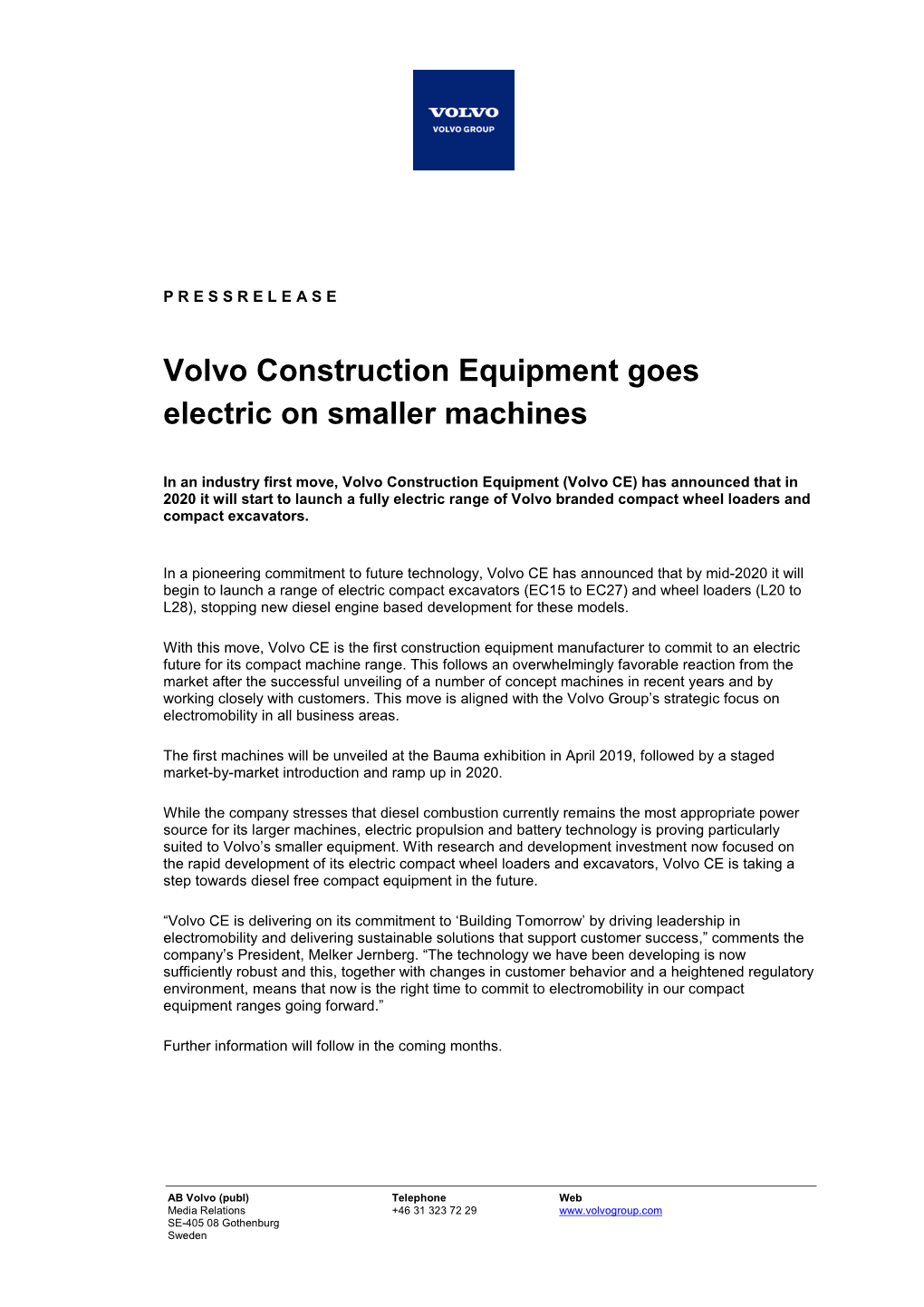 Volvo Construction Equipment Goes Electric on Smaller Machines