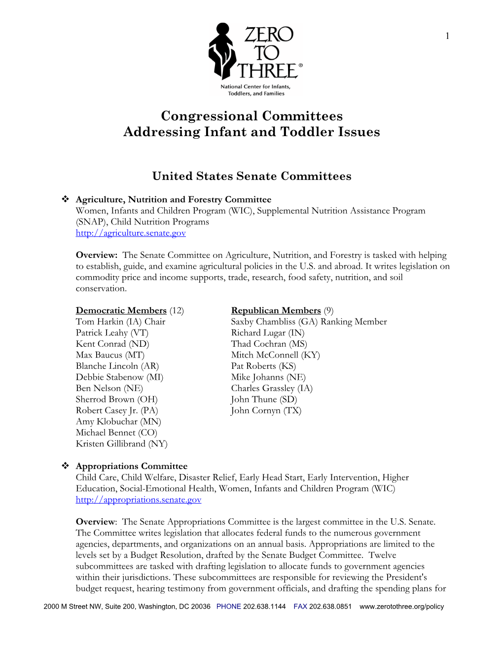 Congressional Committees Addressing Infant and Toddler Issues