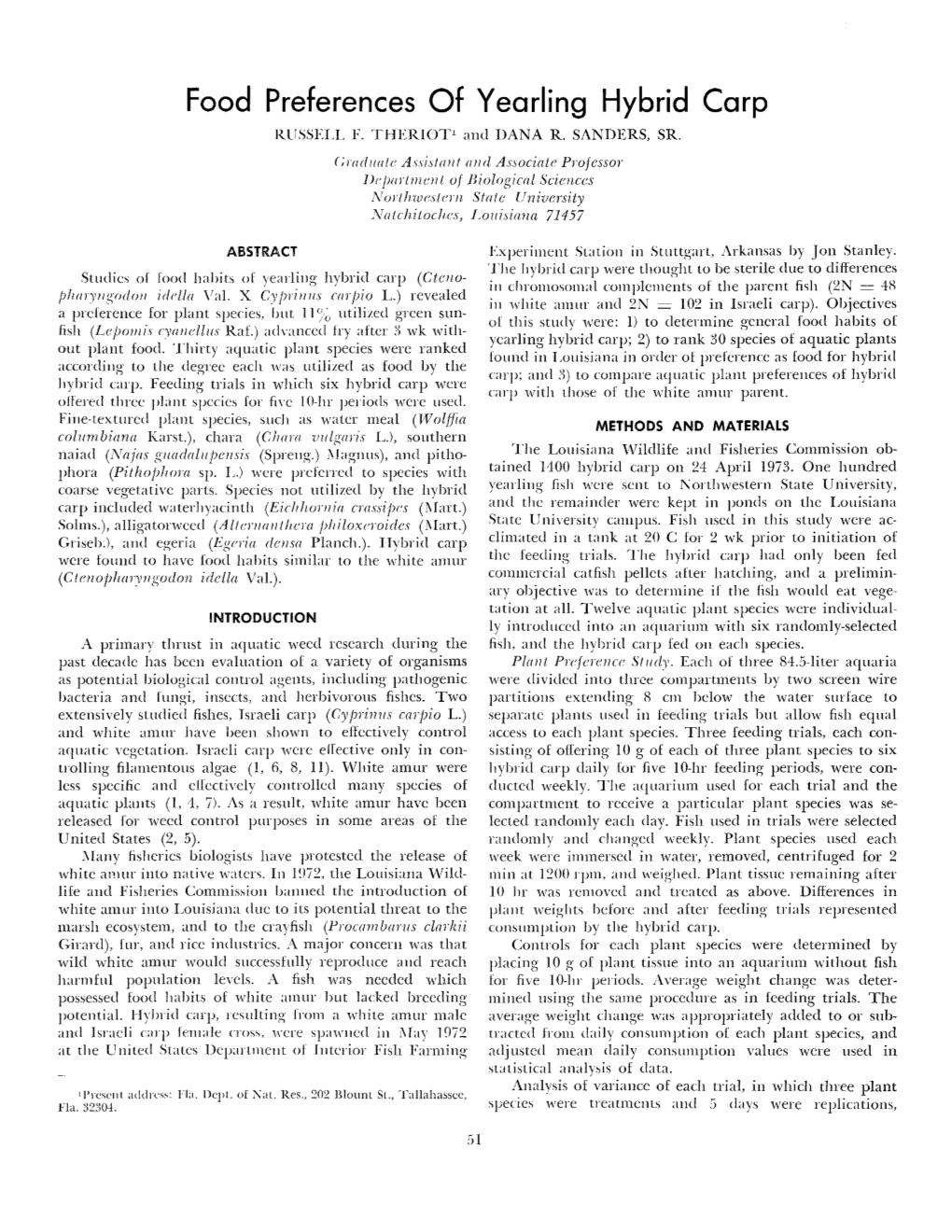 Food Preferences of Yearling Hybrid Carp RUSSELL F