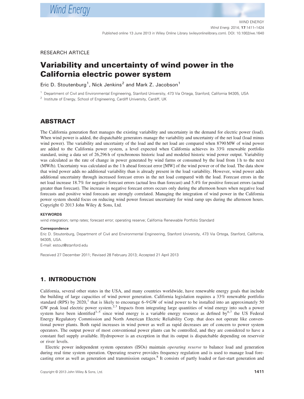 Variability and Uncertainty of Wind Power in the California Electric Power System