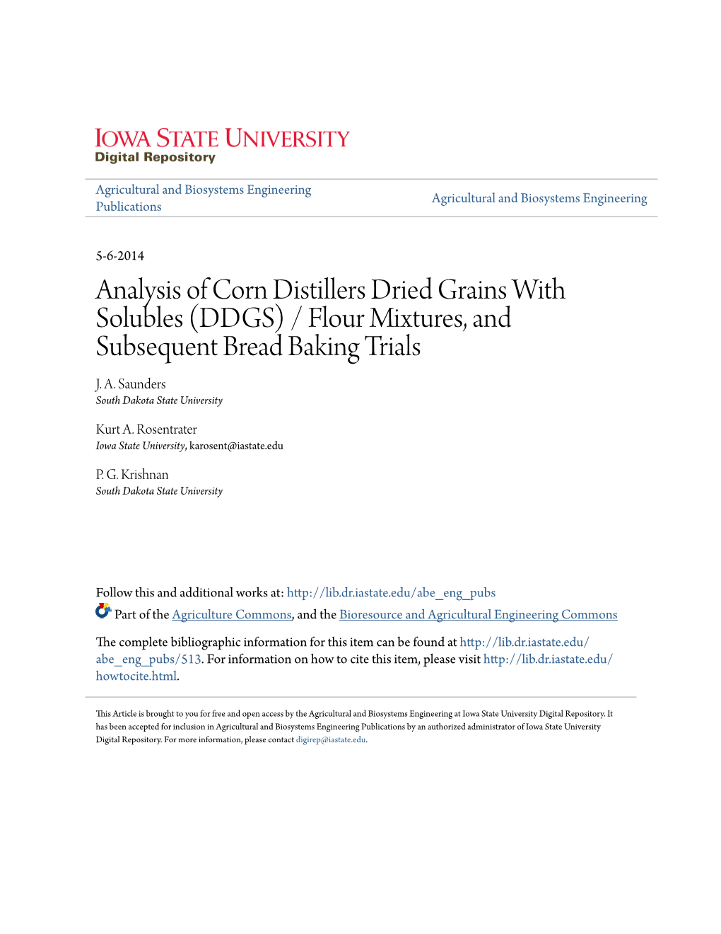 Analysis of Corn Distillers Dried Grains with Solubles (DDGS)/Flour Mixtures, and Subsequent Bread Baking Trials