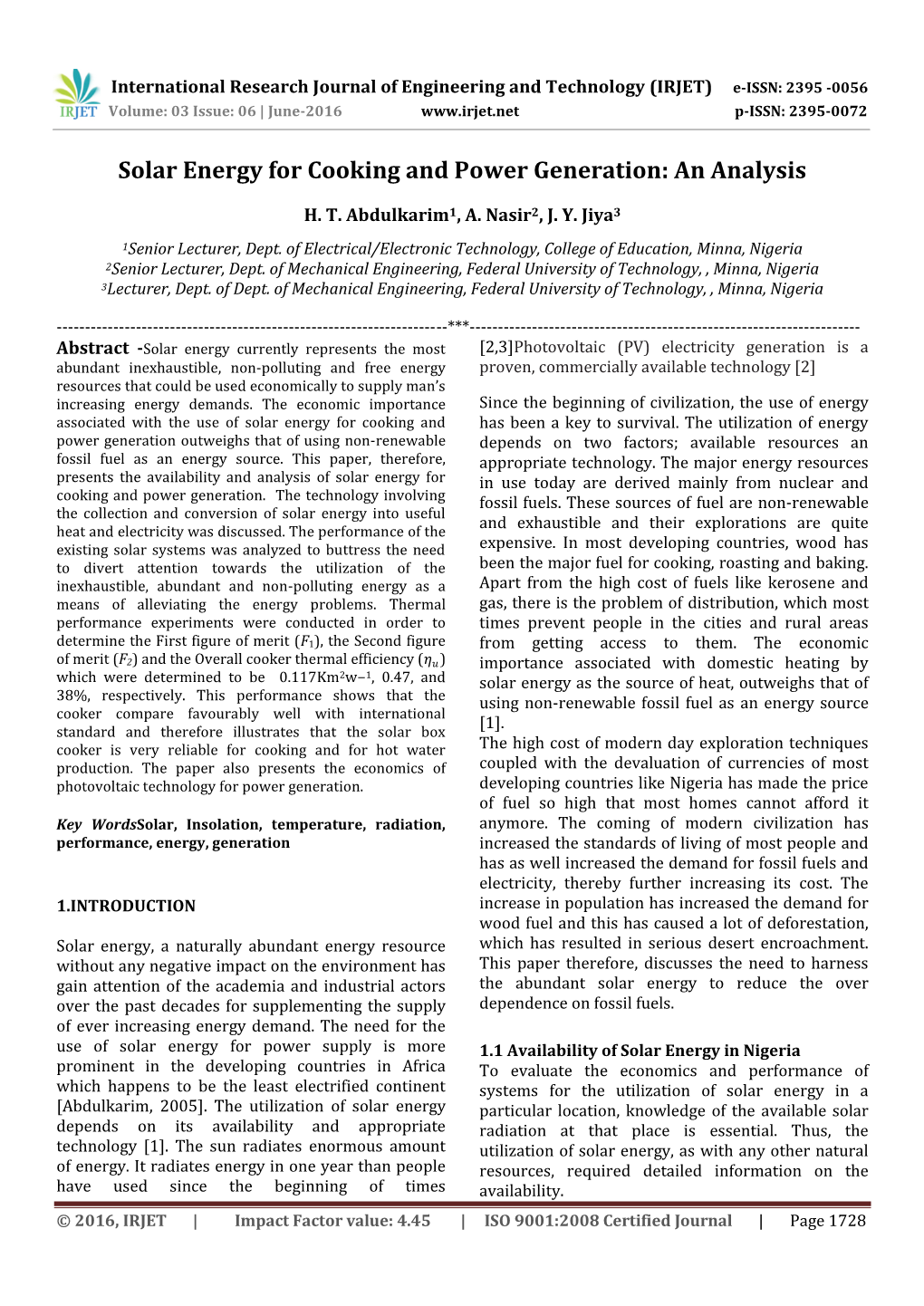 Solar Energy for Cooking and Power Generation: an Analysis