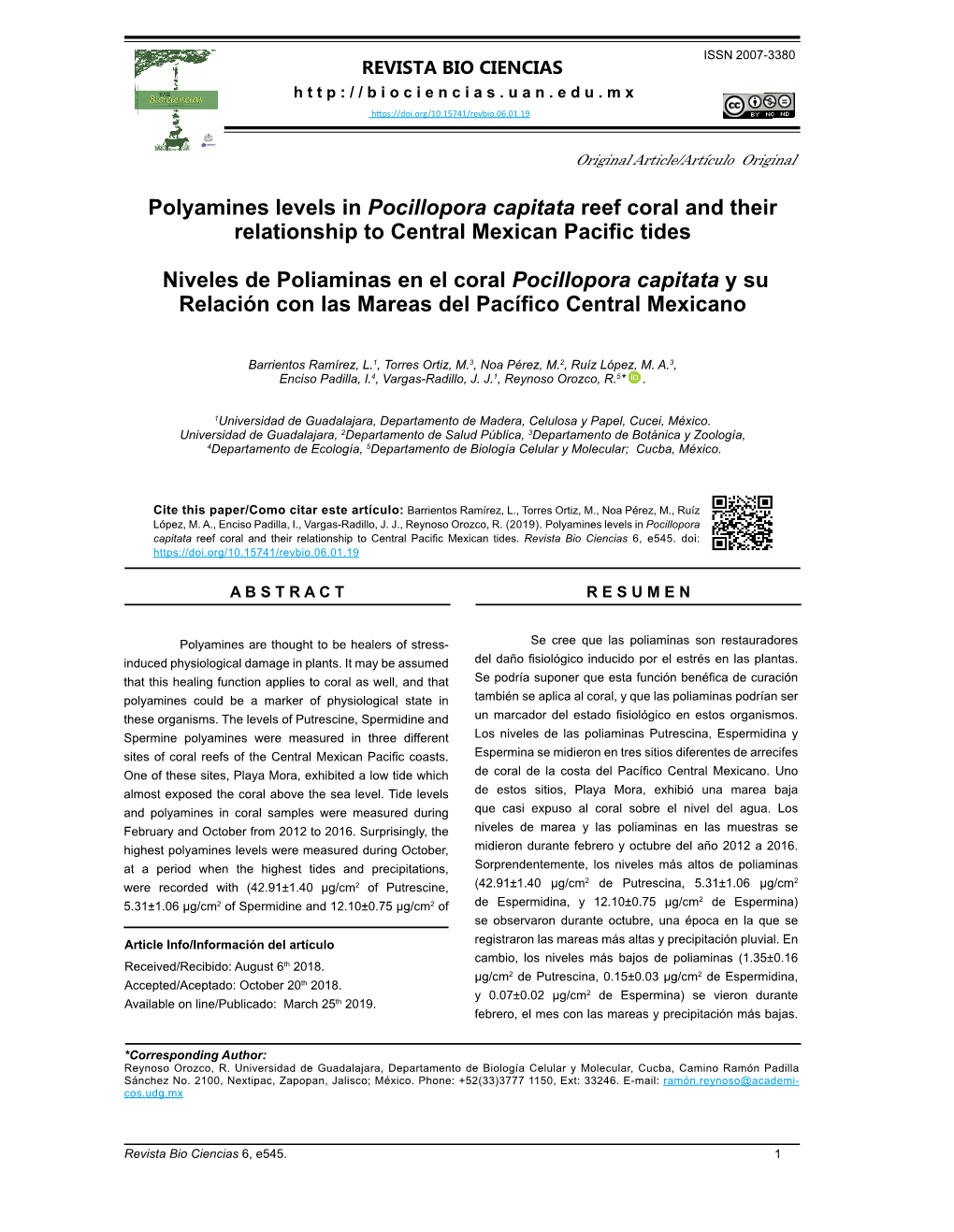 Polyamines Levels in Pocillopora Capitata Reef Coral and Their Relationship to Central Mexican Pacific Tides