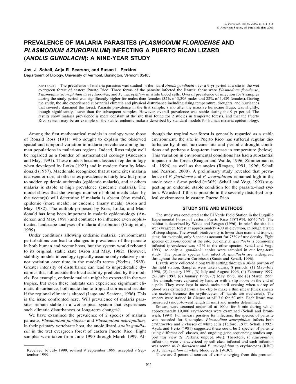 Prevalence of Malaria Parasites (Plasmodium Floridense and Plasmodium Azurophilum) Infecting a Puerto Rican Lizard (Anolis Gundlachi): a Nine-Year Study