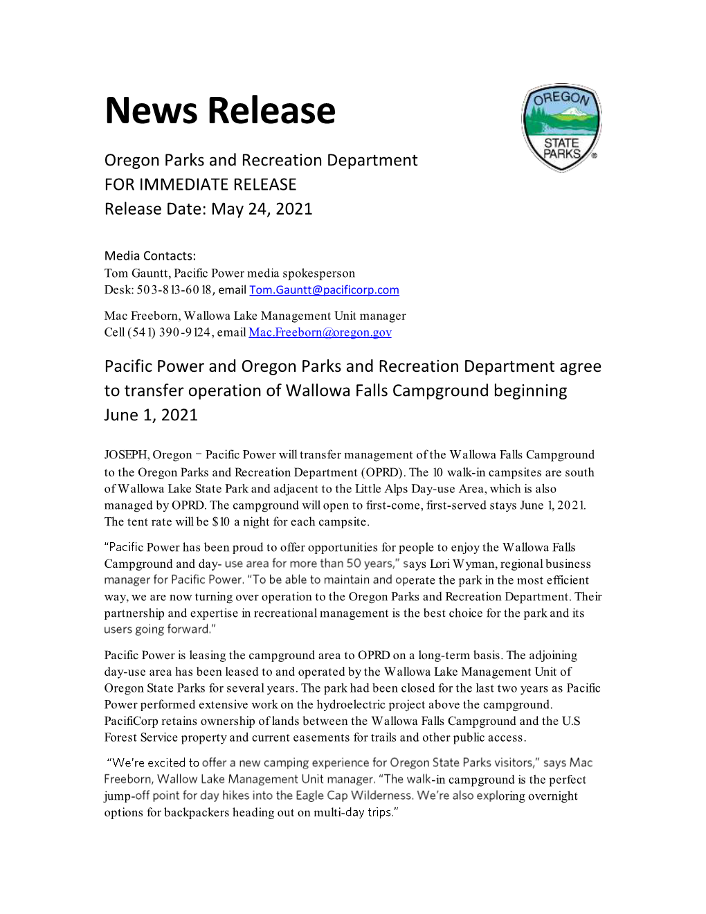 News Release Oregon Parks and Recreation Department for IMMEDIATE RELEASE Release Date: May 24, 2021