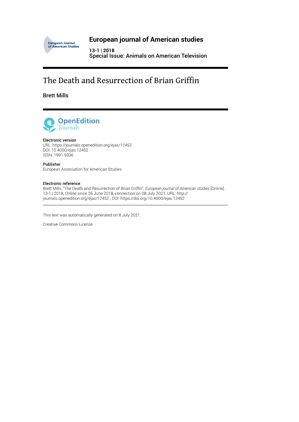 European Journal of American Studies, 13-1 | 2018 the Death and Resurrection of Brian Griffin 2