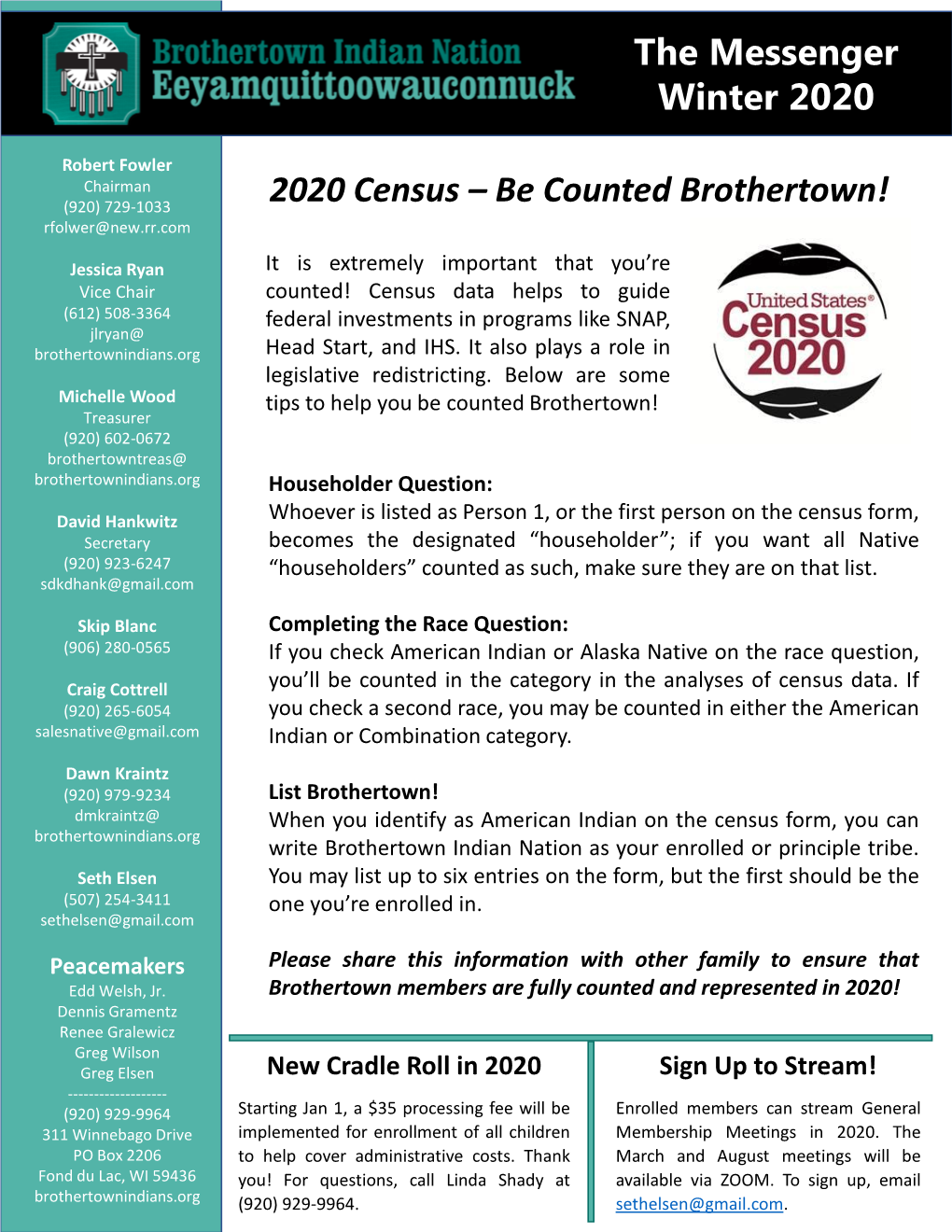 The Messenger Winter 2020 2020 Census – Be Counted Brothertown!