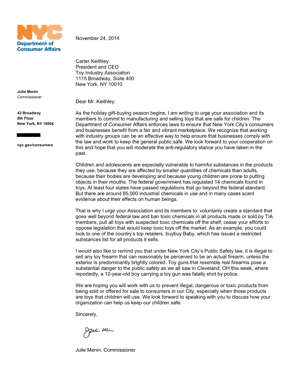 Letter to Toy Industry Association Regarding Toxic Toys