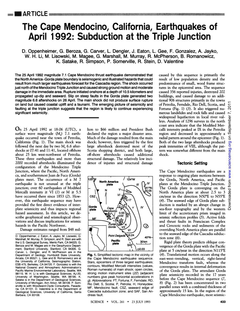 The Cape Mendocino, California, Earthquakes of April 1992: Subduction at the Triple Junction