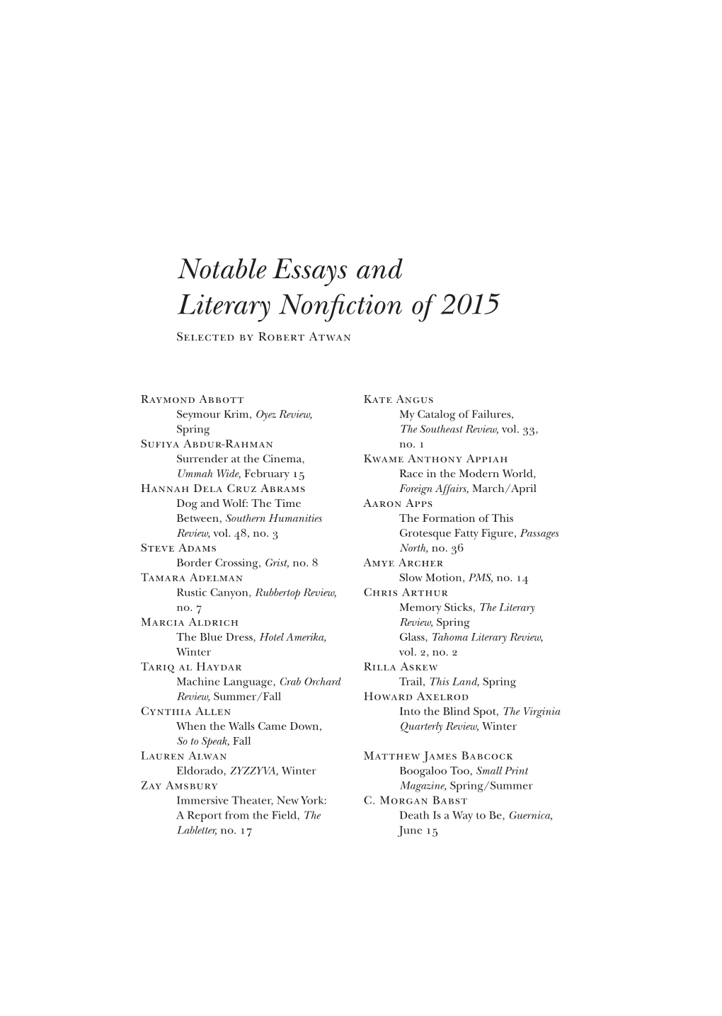 Notable Essays and Literary Nonfiction of 2015 Selected by Robert Atwan