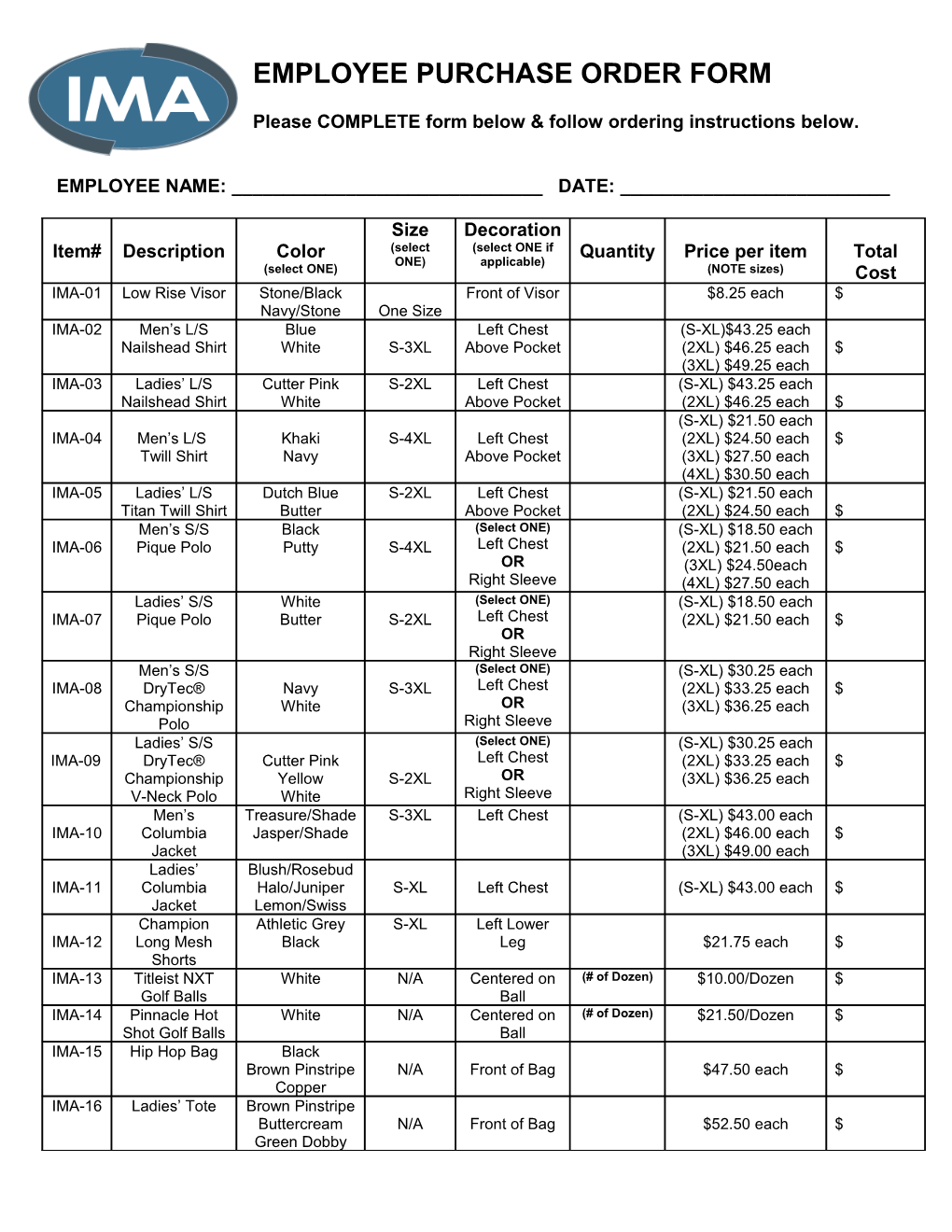 Employee Purchase Order Form