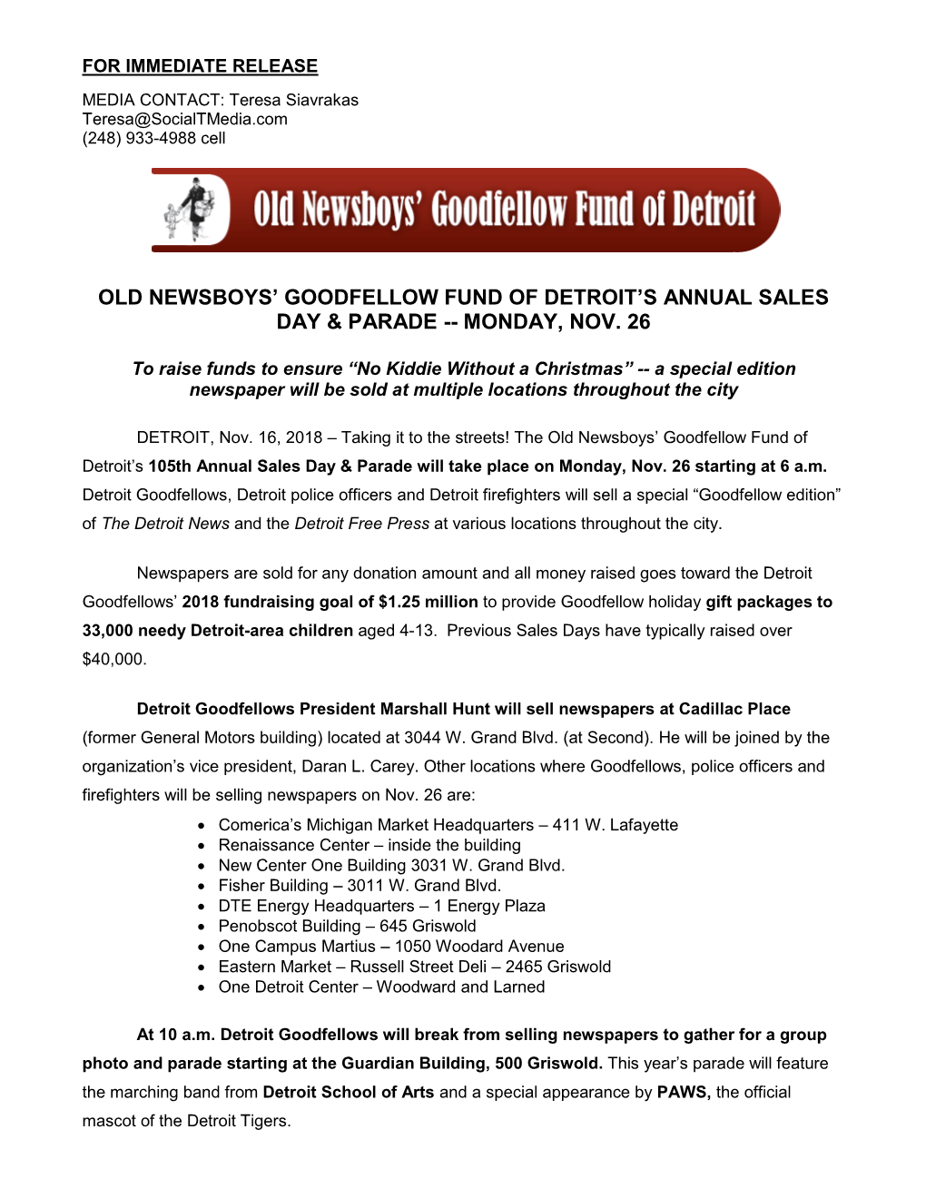 Old Newsboys' Goodfellow Fund of Detroit's Annual Sales Day & Parade -- Monday, Nov. 26