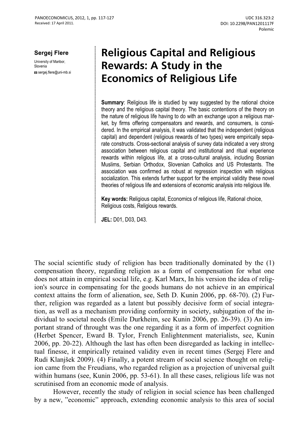 Religious Capital and Religious Rewards: a Study in the Economics of Religious Life 119 Into Single Parent Households