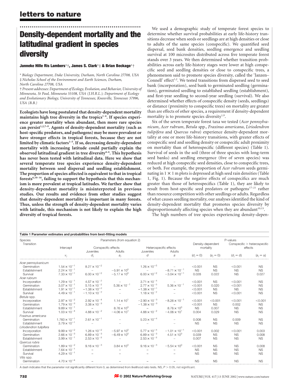 Density-Dependent Mortality and the Latitudinal Gradient in Species Diversity