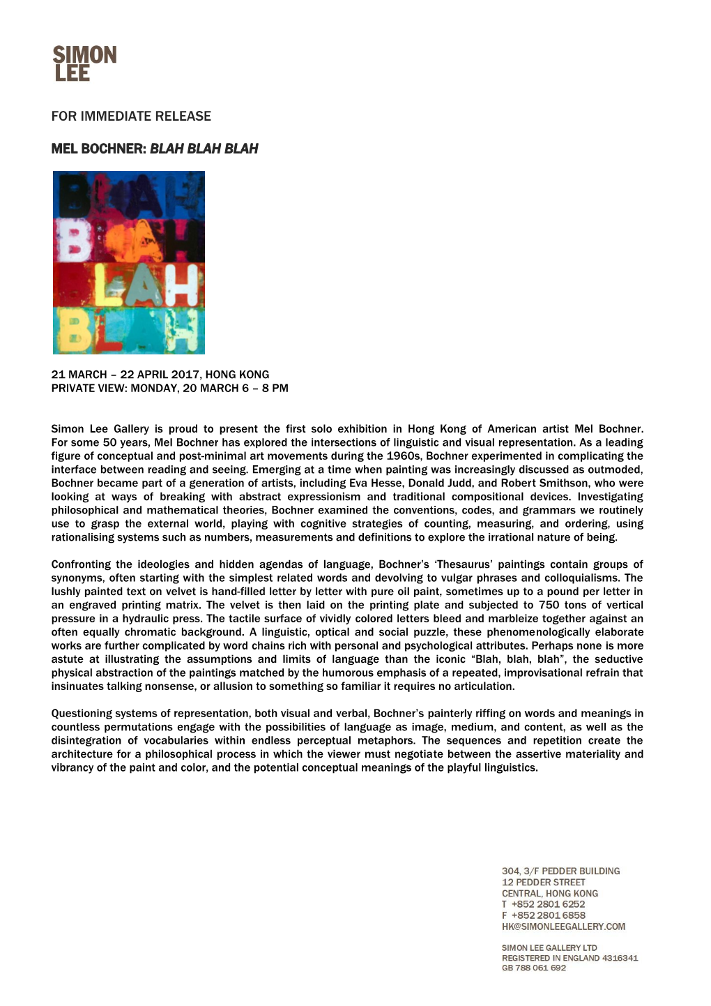 For Immediate Release Mel Bochner: Blah Blah Blah