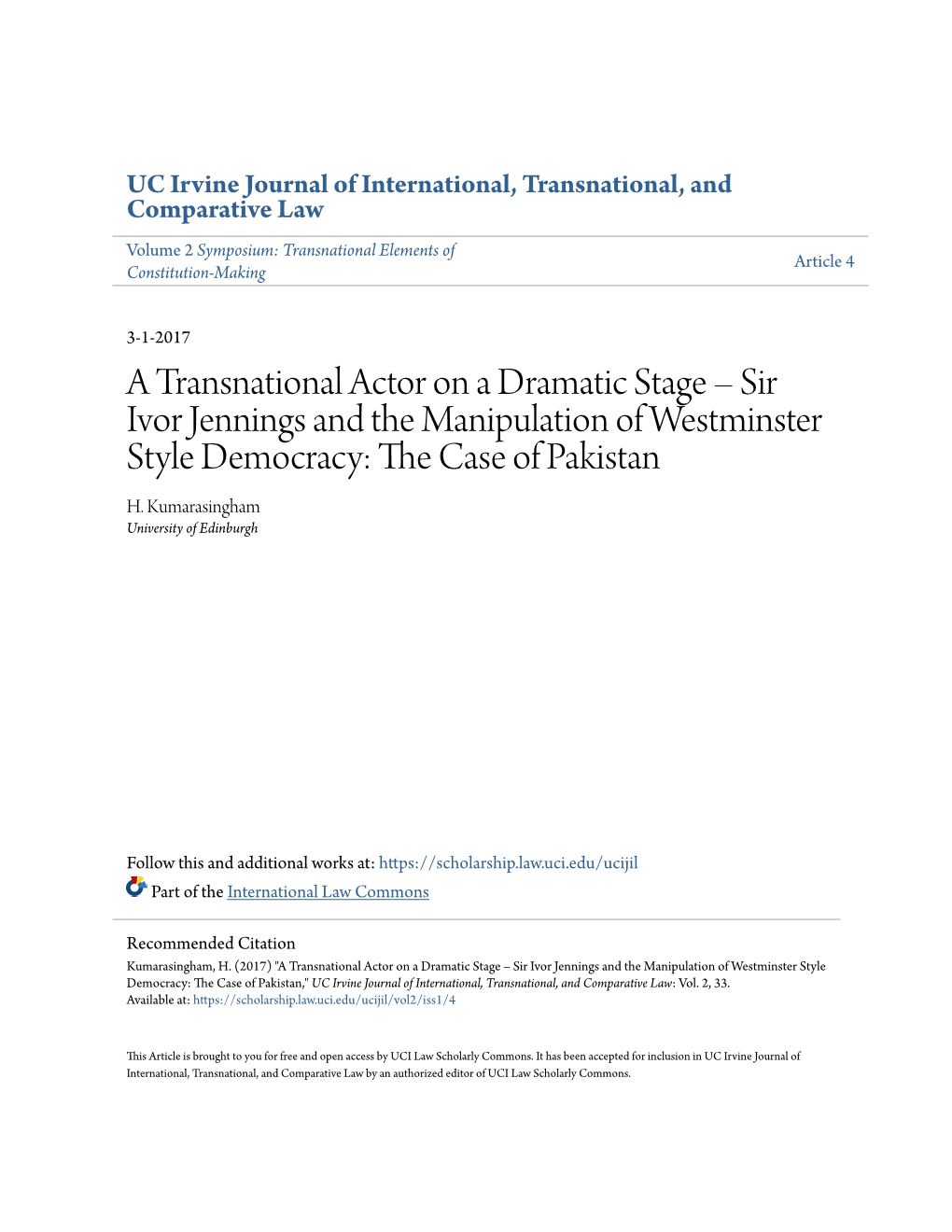 Sir Ivor Jennings and the Manipulation of Westminster Style Democracy: the Ac Se of Pakistan H