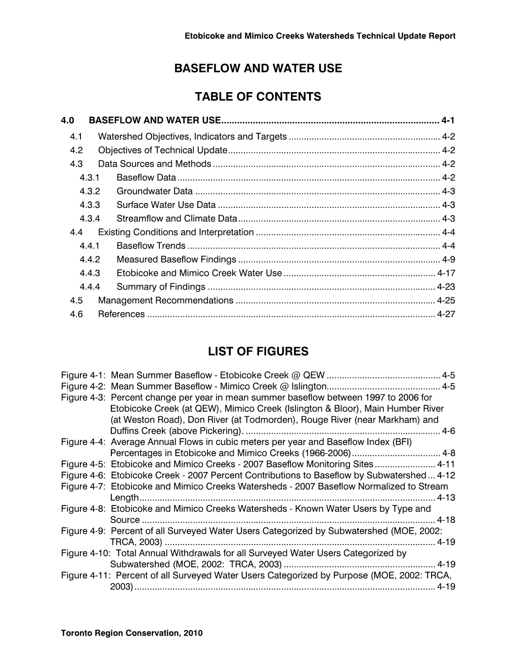 Baseflow and Water Use Table of Contents List Of