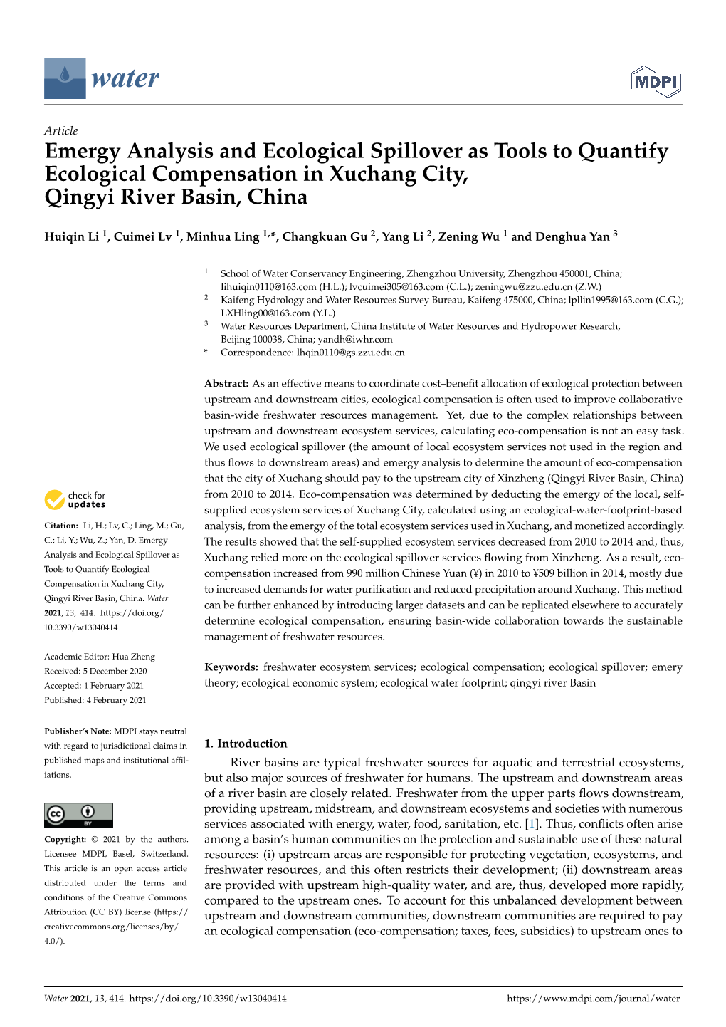 Emergy Analysis and Ecological Spillover As Tools to Quantify Ecological Compensation in Xuchang City, Qingyi River Basin, China