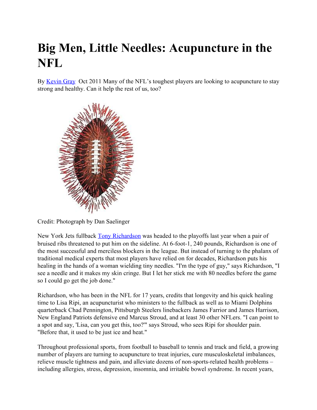 Big Men, Little Needles: Acupuncture in the NFL
