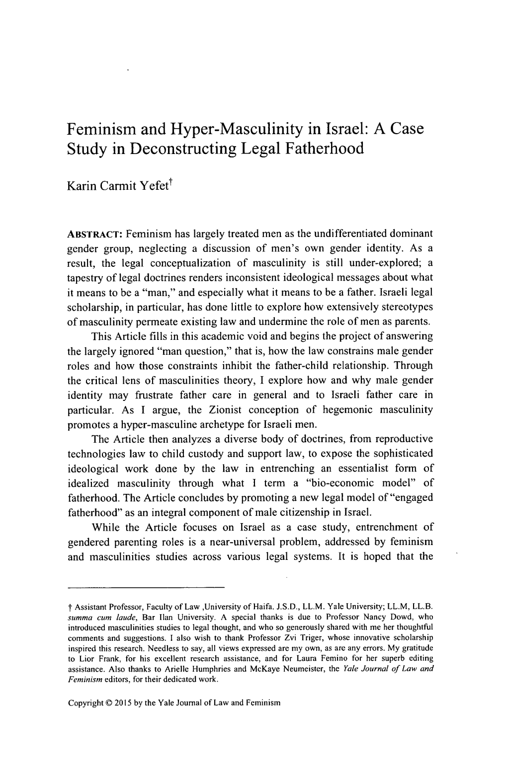 Feminism and Hyper-Masculinity in Israel: a Case Study in Deconstructing Legal Fatherhood