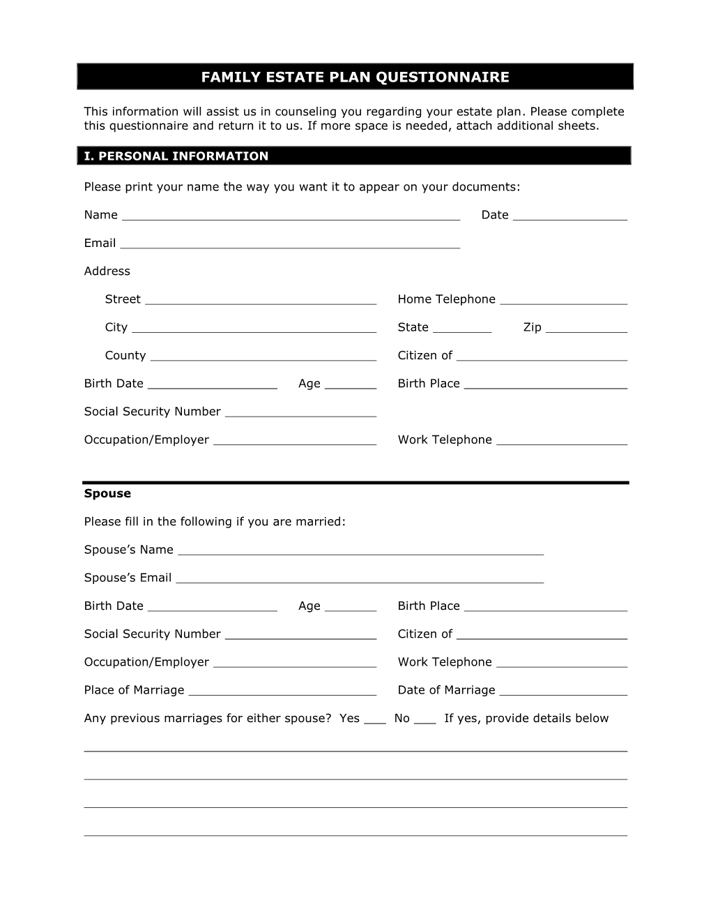 Confidential Personal Information Worksheet