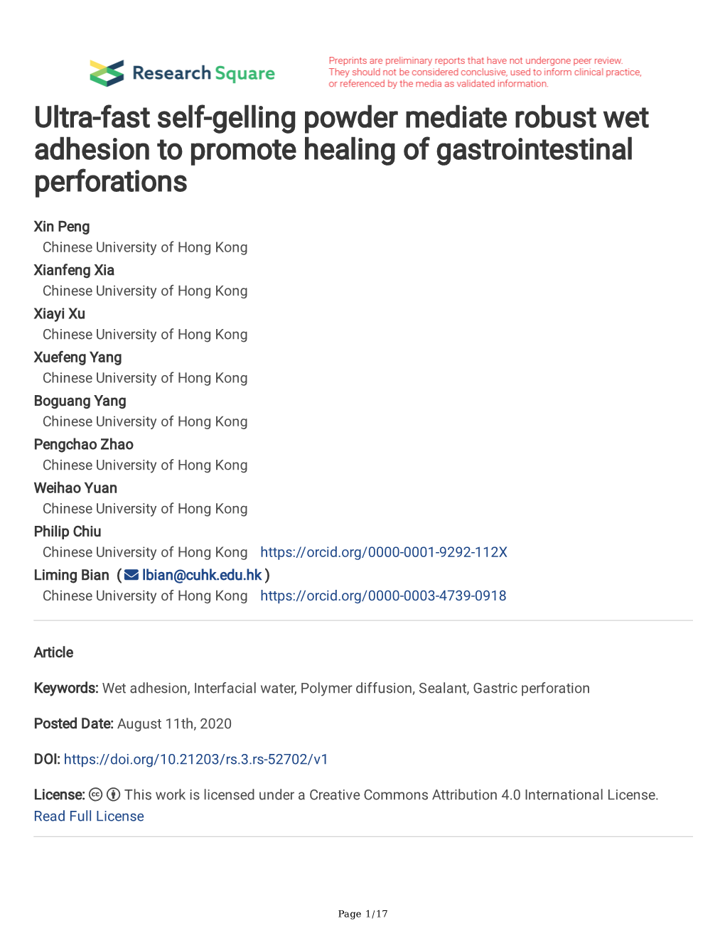 Ultra-Fast Self-Gelling Powder Mediate Robust Wet Adhesion to Promote Healing of Gastrointestinal Perforations