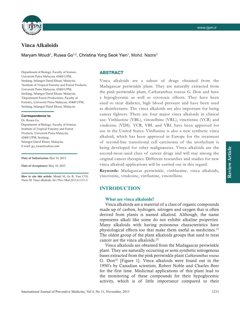 Vinca Alkaloids International Journal Ofpreventivemedicine, Vol 4,No 11, November, 2013 Nazre M